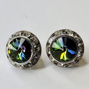 Green Clip On Earrings, Small Round Aurora Color Crystal Tiny ClipOns Earrings